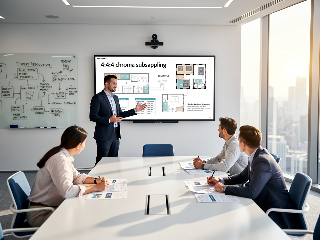An AV consultant presenting a video wall design proposal to clients in a bright conference room, with architectural drawings and equipment specifications displayed on a presentation screen