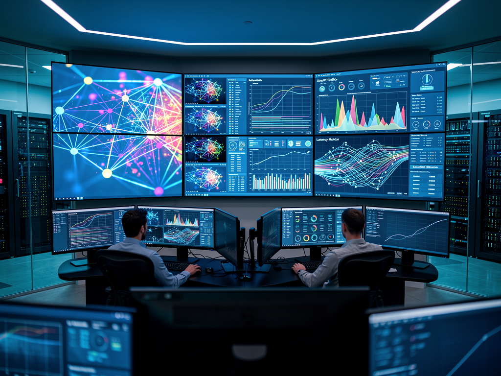 A professional network operations center with multiple monitoring screens displaying network topology diagrams and bandwidth utilization graphs, technicians working at modern workstations under cool blue ambient lighting