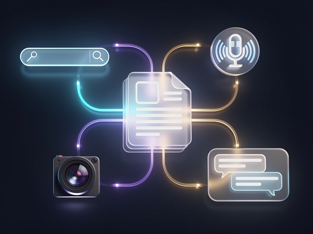 Futuristic concept illustration showing multiple search interfaces including traditional search bar, voice assistant, AI chat interface, and visual search camera, all connected to a central content hub, representing the multimodal future of search and content discovery