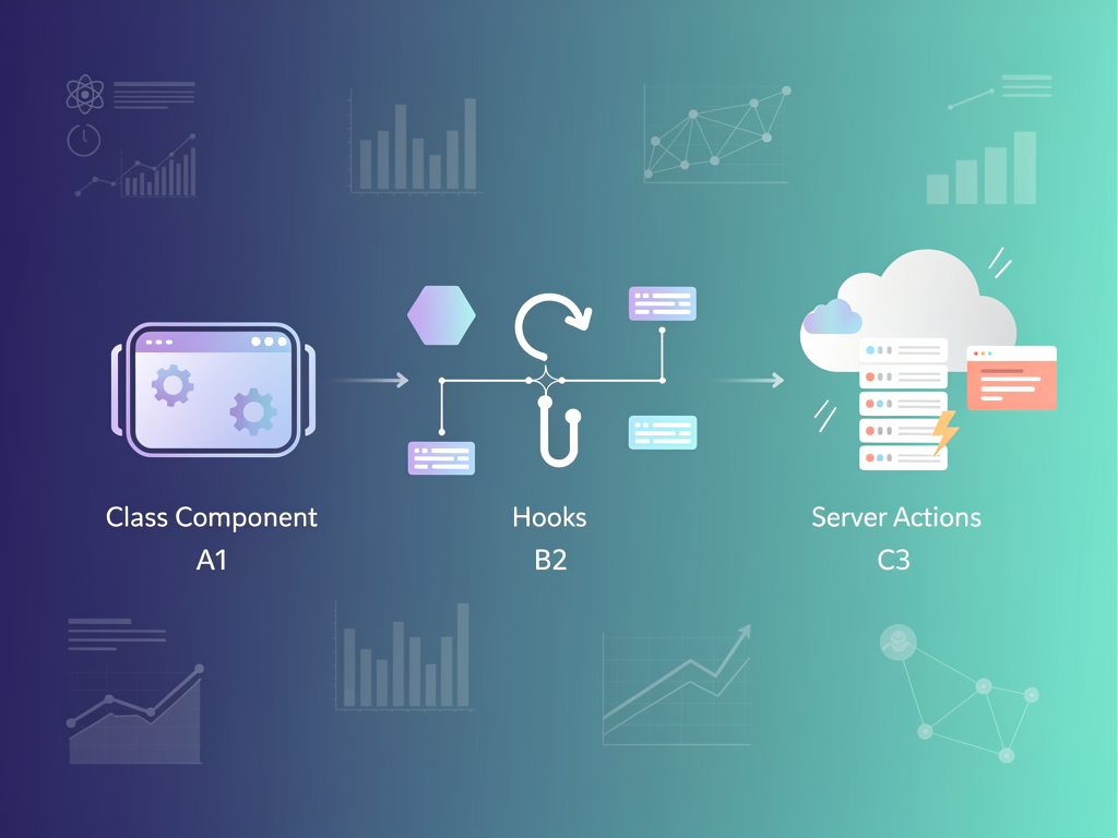Timeline infographic showing the evolution of React form handling from class components through hooks to React 19 server actions, with key milestones marked and future trends indicated, clean modern design with gradient background