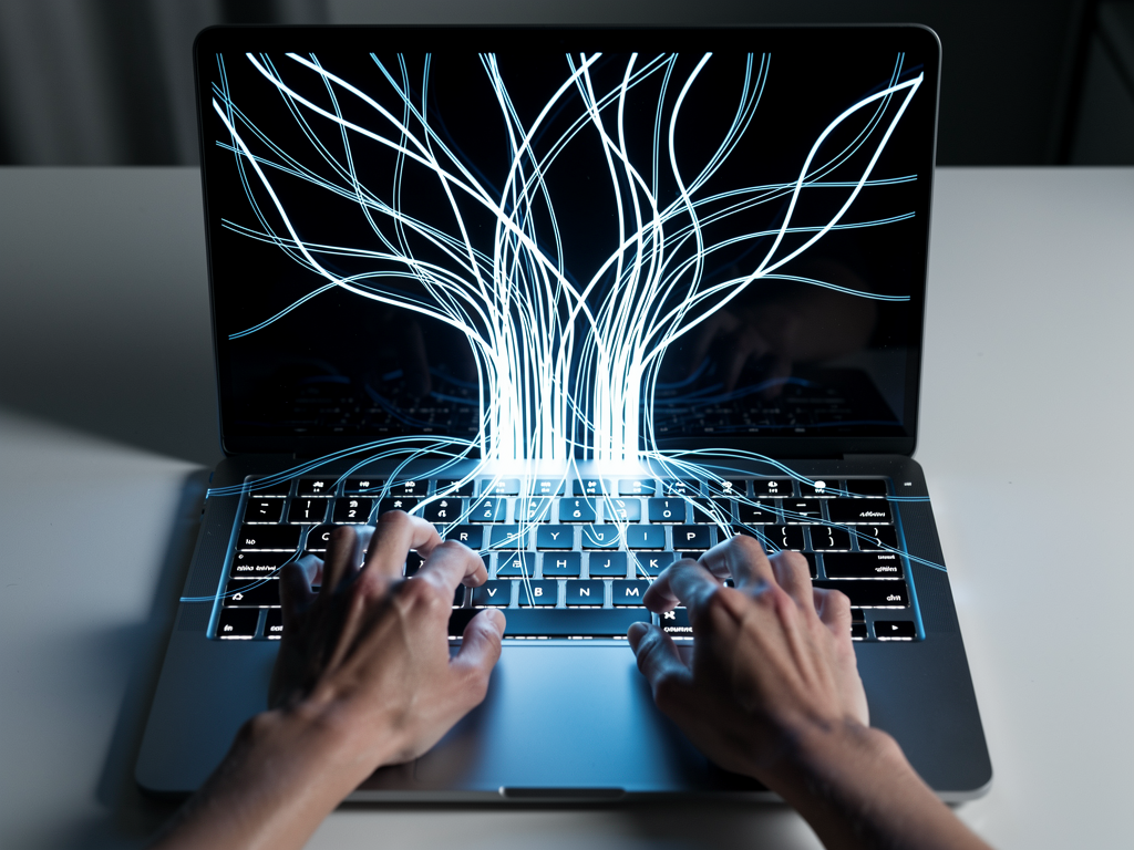 A person's hands typing rapidly on a modern laptop keyboard, with glowing blue lines illustrating the flow of text and ideas across the screen.
