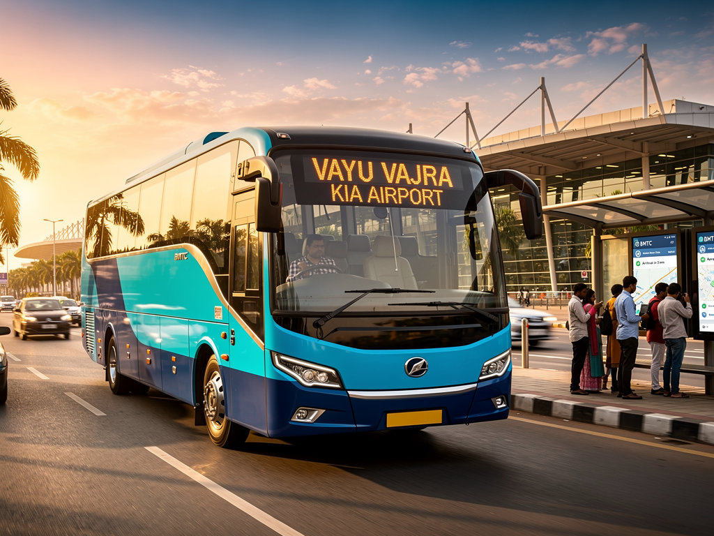 Smartphone screen displaying BMTC bus tracking app interface with a map showing real-time location of a Vayu Vajra bus on the KIA-15 route, with estimated arrival time and route information visible
