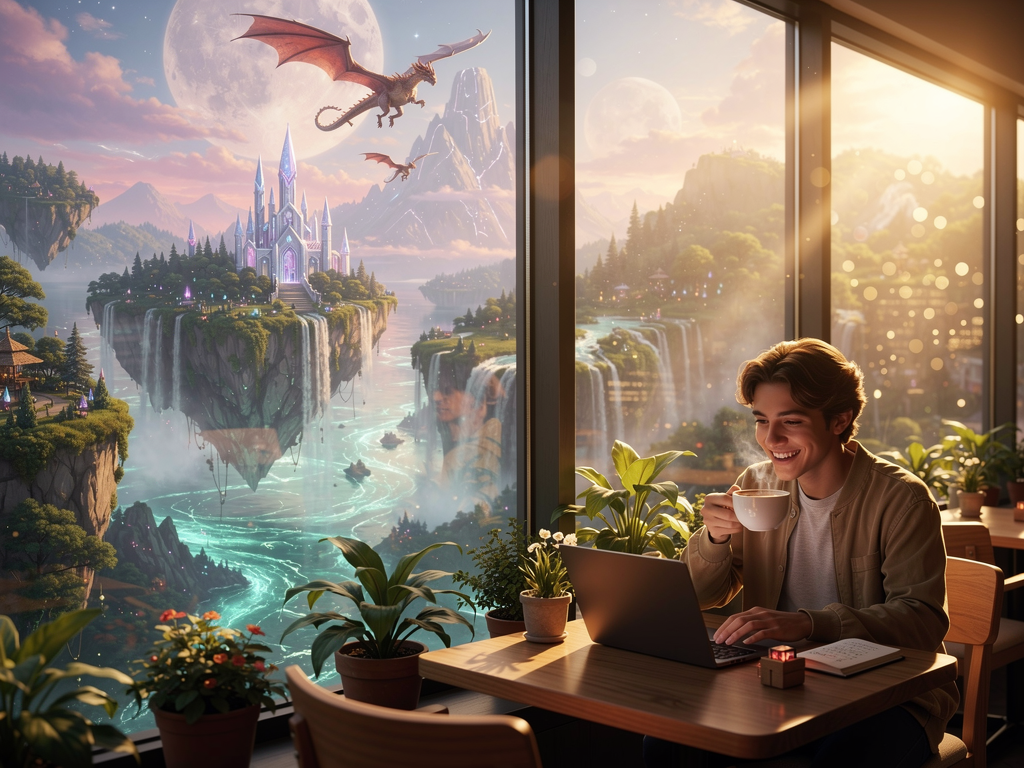 A fantasy world alongside a pleasant real-world interactive situation. Make the real-world image photorealistic with warm lighting