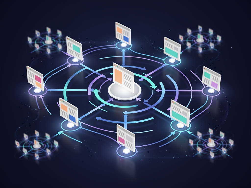 Network visualization diagram showing interconnected website nodes with directional arrows representing backlink relationships, demonstrating how backlink exchange networks create mutually beneficial link structures across participating sites