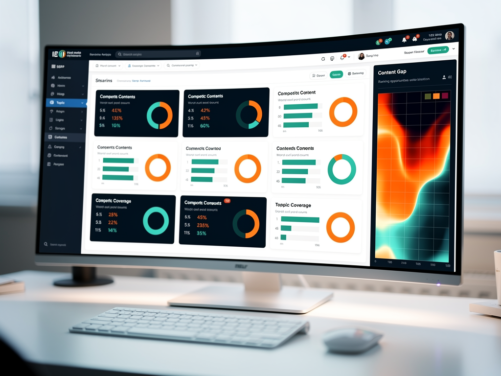 Dashboard interface displaying comprehensive SERP analysis with competitor content cards showing word counts, heading structures, and topic coverage scores, alongside a content gap visualization highlighting opportunities in a professional analytics layout with data charts and comparison metrics