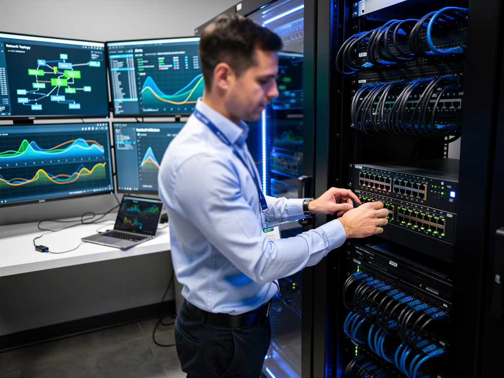 A network operations center showing multiple monitors displaying network topology diagrams and bandwidth utilization graphs, with a technician configuring managed switches in a server rack, blue LED lighting from network equipment creating ambient glow