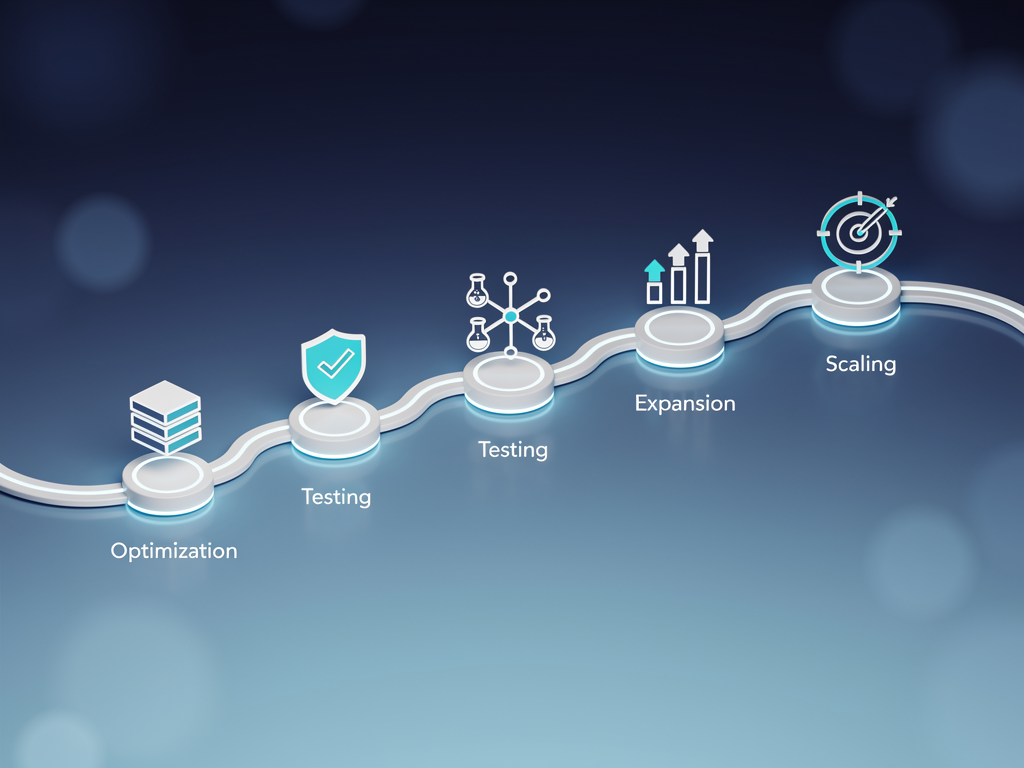 Implementation roadmap timeline showing five phases of AI SEO adoption from foundation through scaling, with key milestones, deliverables, and success metrics marked at each stage against a professional blue gradient background