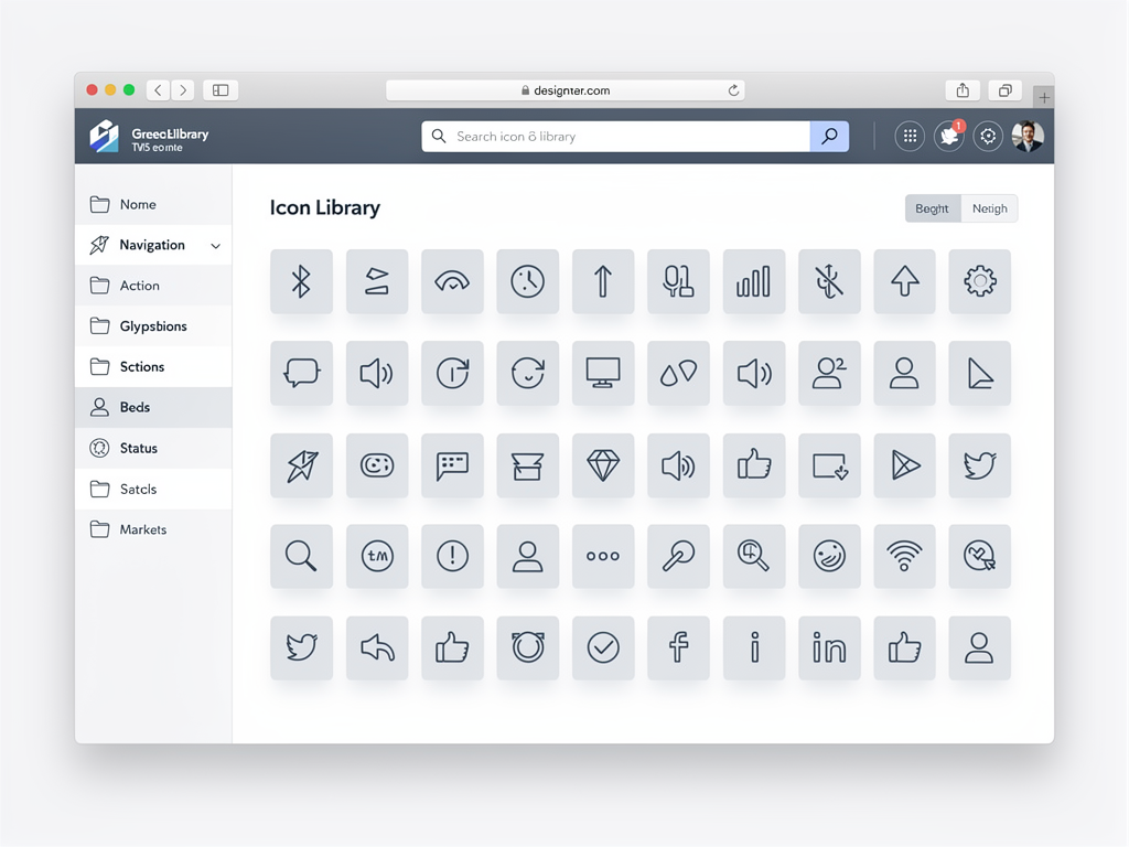 A design system documentation page showing an icon library with organized categories including navigation, actions, status, and social icons. Each icon is displayed with its name, usage guidelines, and code example. The layout features a clean, professional aesthetic with a sidebar navigation and search functionality.