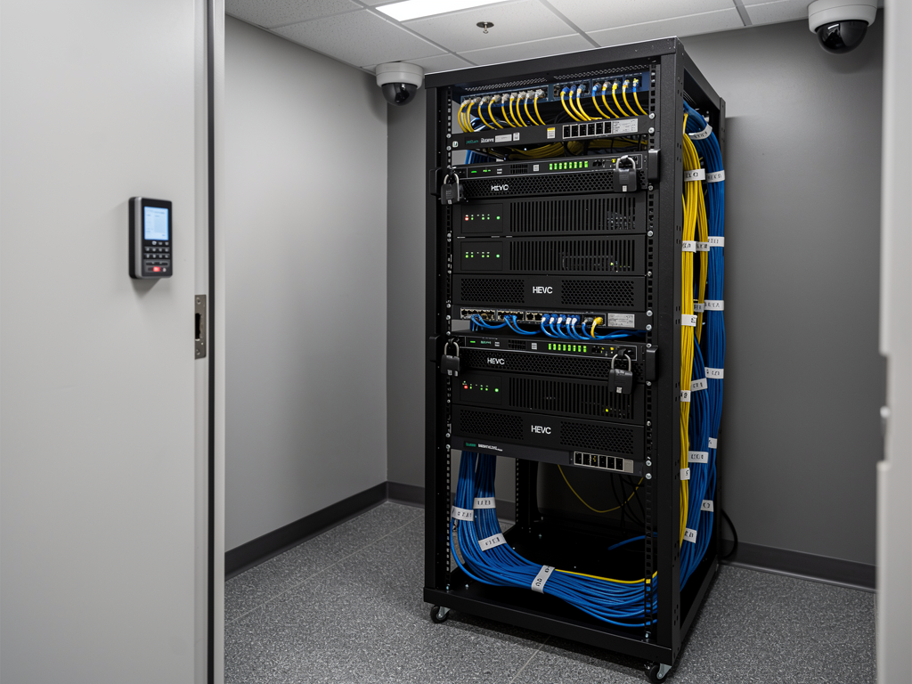 A secure AV equipment rack in a locked closet with access control panel, cable locks on devices, security cameras visible, professional installation with organized cabling and clear labeling