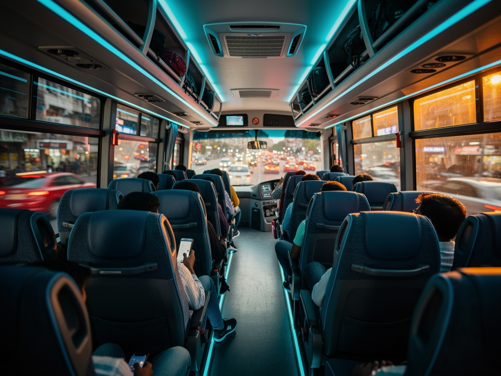 Interior view of a BMTC Vayu Vajra Volvo bus showing comfortable reclining seats, air conditioning vents, and clean modern design with passengers seated for their airport journey