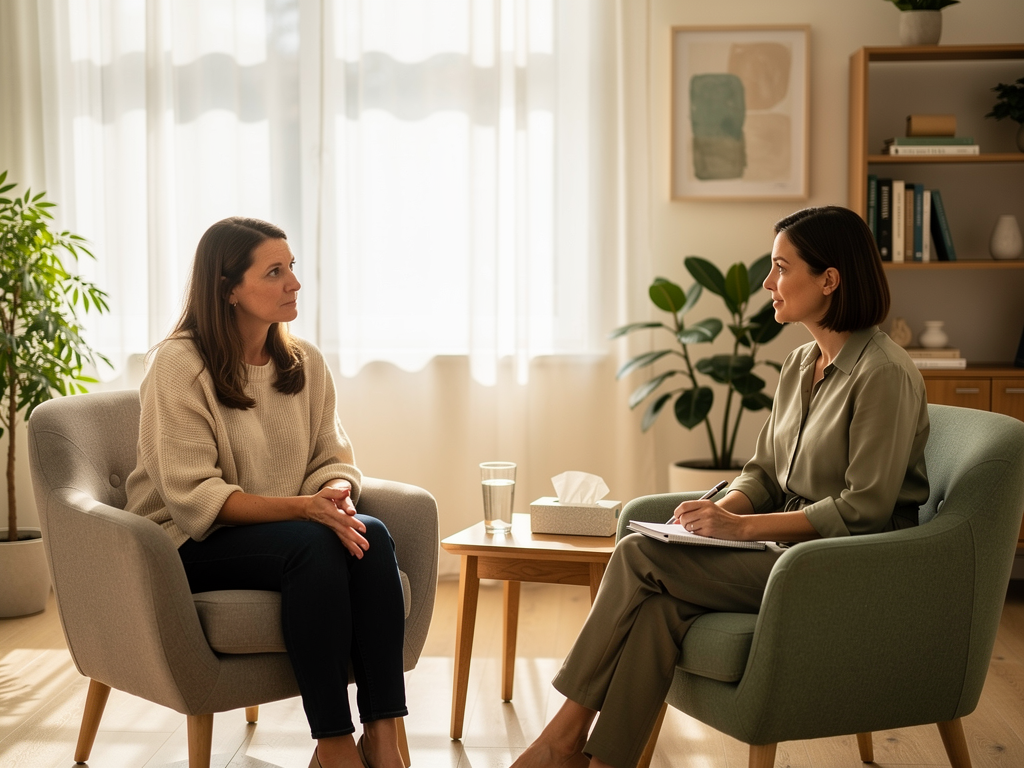 A therapy session in a warm, professionally decorated office with natural light streaming through windows, showing a therapist and client engaged in collaborative conversation, notebooks and comfortable seating visible