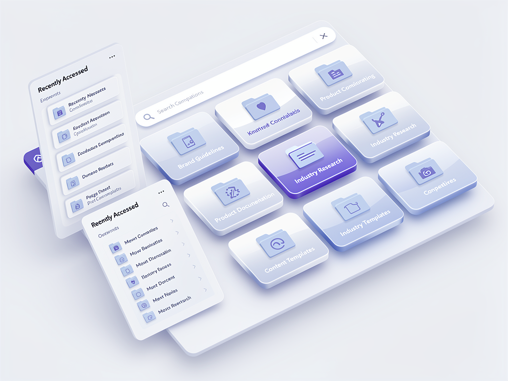 A digital dashboard showing a knowledge base management interface with categorized folders for brand guidelines, product information, industry expertise, and content templates. The interface shows search functionality and recently accessed documents, with a clean, organized design.