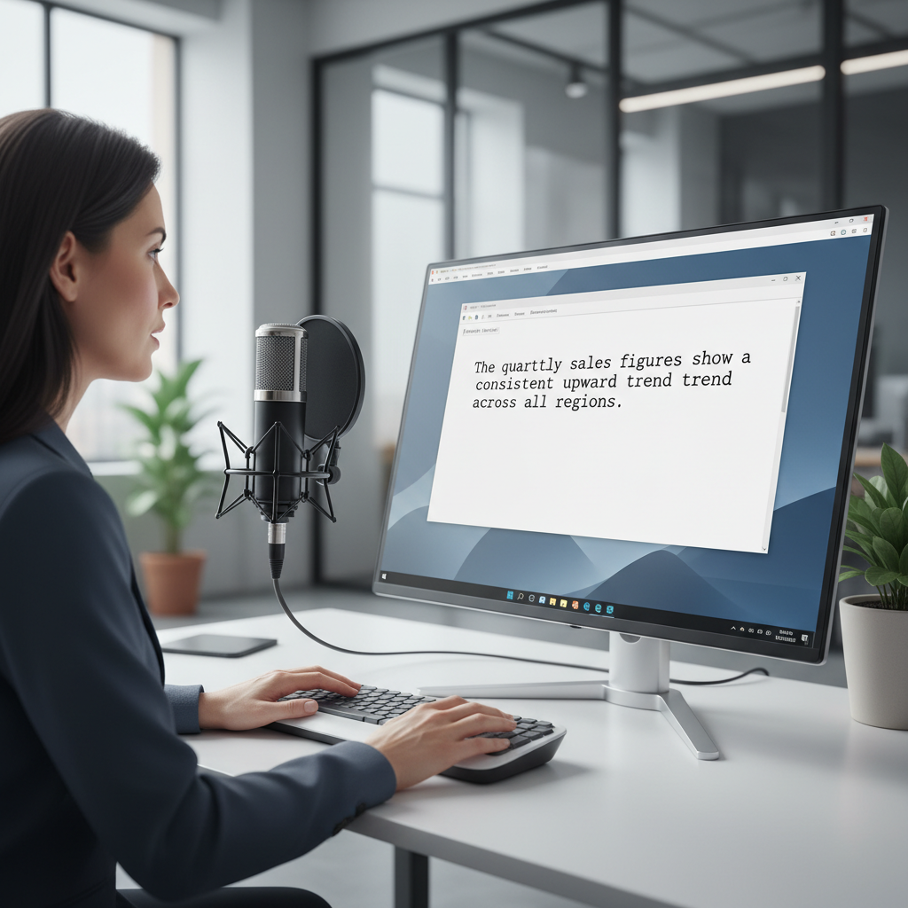 A person speaking into a microphone, with their spoken words appearing as text in a document on their Windows desktop, illustrating the accuracy and speed of voice typing.