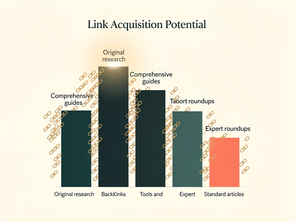 Infographic showing the relationship between content types and link acquisition potential, with original research at the top earning most links, followed by comprehensive guides, tools and templates, expert roundups, and standard articles at the bottom, using bar chart visualization with link icons