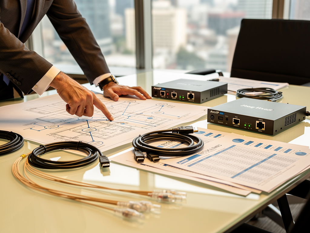 A detailed architectural blueprint spread across a conference table with AVoIP equipment samples, network diagrams, and cost analysis documents visible, professional hands pointing at specific planning details