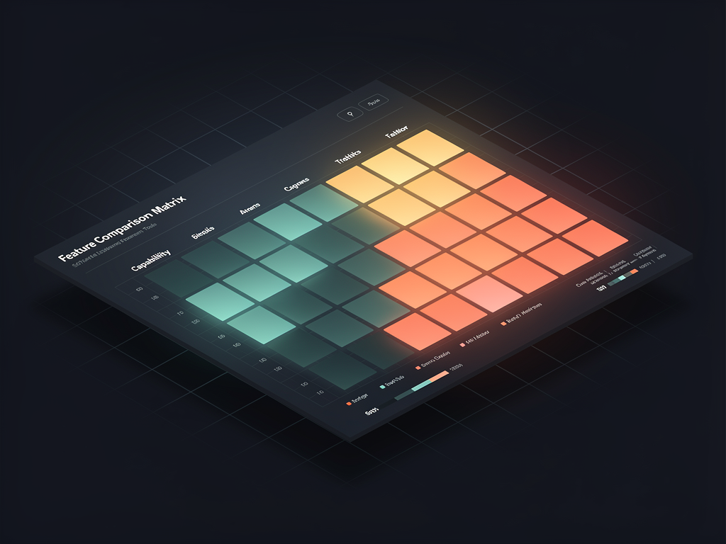 Feature comparison matrix visualization showing different boilerplate options rated across categories like multi-tenancy, authentication, payments, and deployment flexibility, heat map style with color gradients indicating capability levels