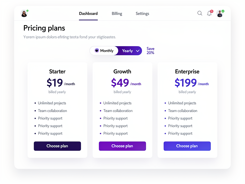 Stripe dashboard showing product catalog with multiple subscription tiers displayed as cards, each showing monthly and annual pricing options with feature lists, in a clean administrative interface with purple accent colors