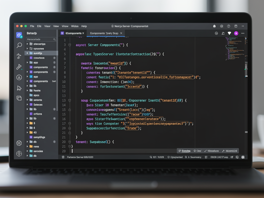 Code editor screenshot showing a Next.js Server Component that fetches tenant-specific data using Supabase, with syntax highlighting for TypeScript, displaying the component structure with authentication checks and data queries, on a VS Code dark theme background