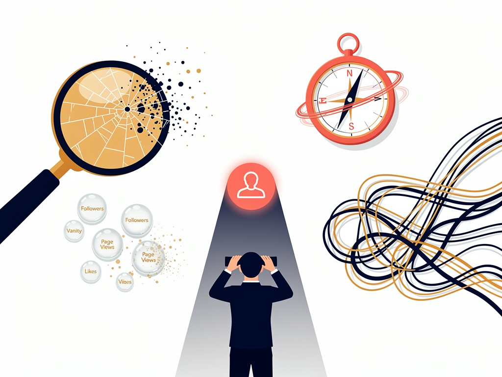 Warning signs and red flags visualization showing common competitive analysis mistakes, including tunnel vision on single competitors, ignoring search intent, chasing vanity metrics, and analysis paralysis, displayed as an infographic with cautionary icons