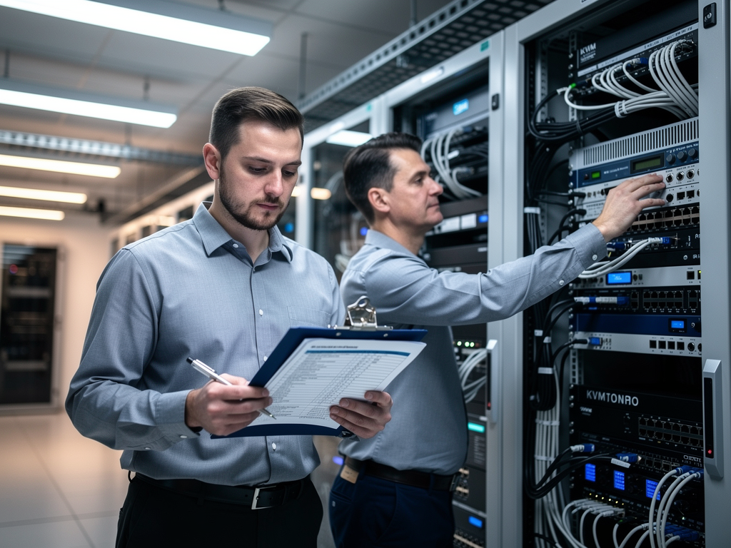 Two AV technicians performing scheduled maintenance on rack-mounted equipment, one holding a checklist on a clipboard while the other inspects cable connections, well-organized equipment room with proper lighting and ventilation visible