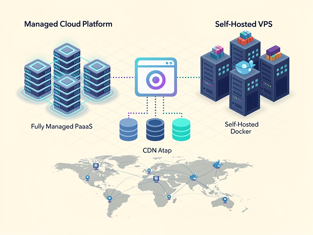 Infrastructure architecture diagram showing deployment options from Vercel cloud hosting to self-hosted VPS with Docker containers, including database connections and CDN distribution, technical diagram with cloud icons and server illustrations