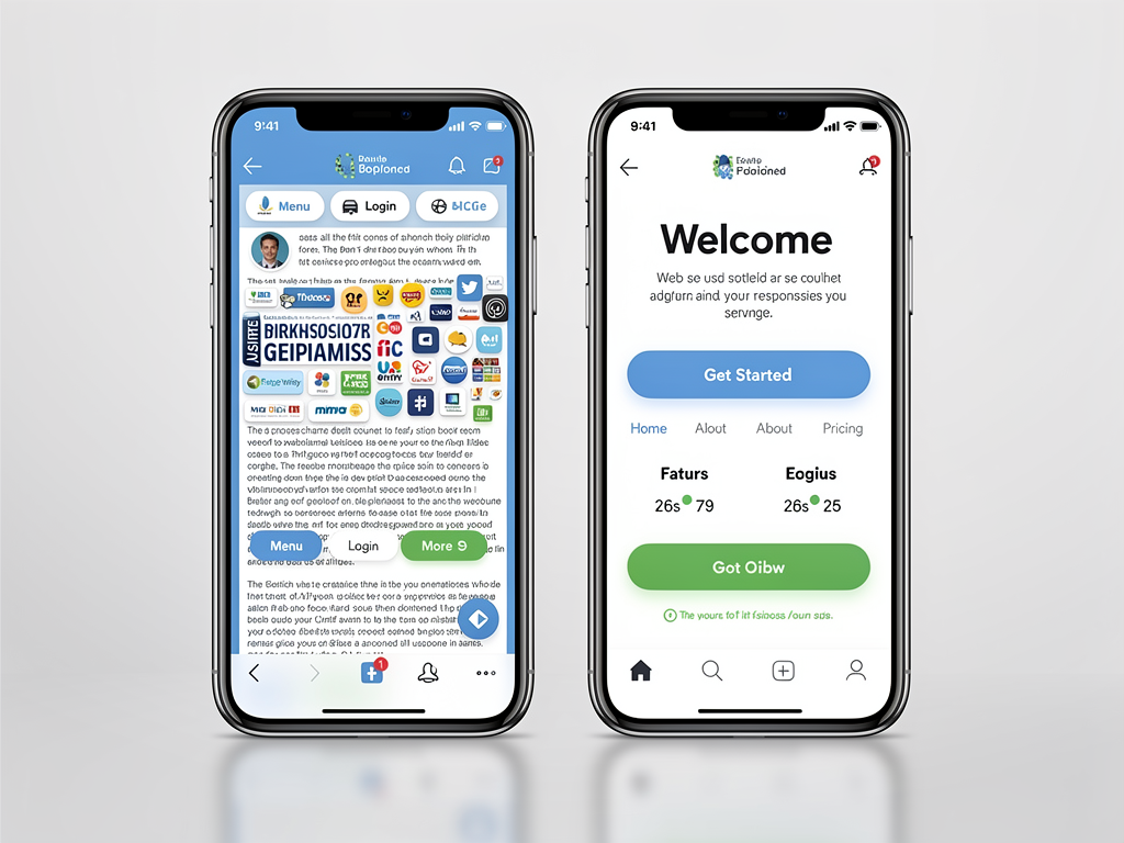 Side-by-side mobile phone mockups showing the same landing page section, left phone displaying cramped layout with tiny buttons and overlapping text, right phone showing properly optimized mobile design with adequate spacing, readable text, and thumb-friendly button sizes