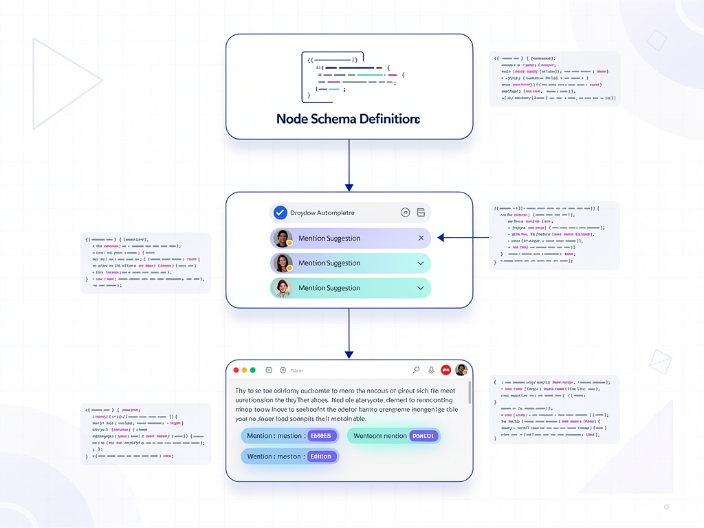 Step by step infographic showing the process of creating a custom mention extension for a rich text editor, from defining the node schema through implementing autocomplete UI to inserting mention nodes, with code snippets and visual examples