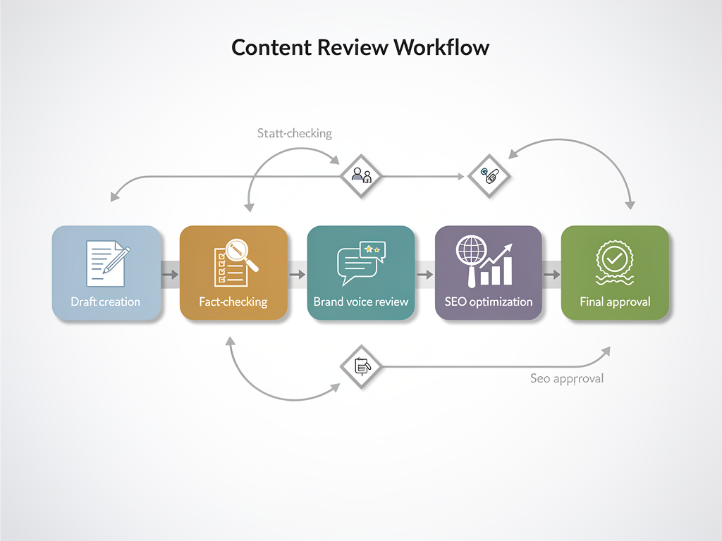 A content review workflow diagram showing the path from draft through multiple review stages including fact-checking, brand voice review, SEO optimization check, and final approval, with decision points and feedback loops clearly marked, professional infographic style with color-coded stages