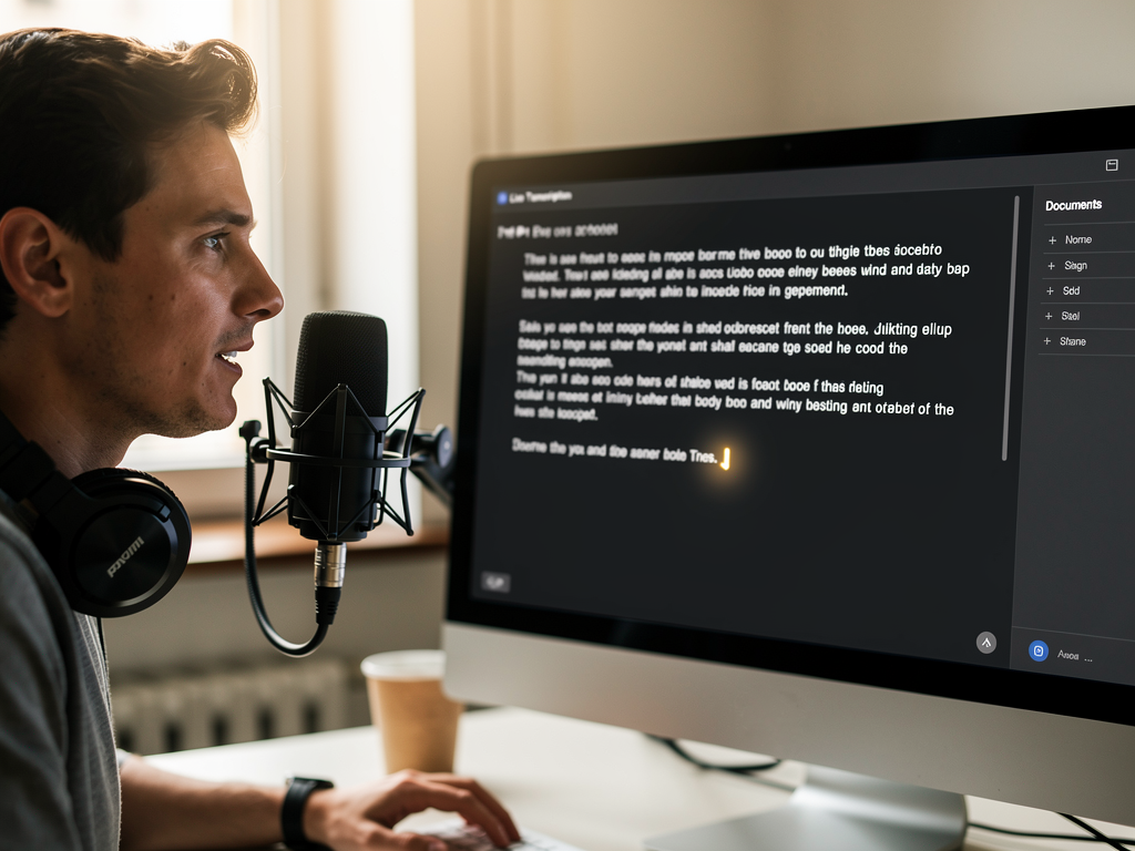 A person speaking into a microphone, with a computer screen displaying text appearing in real-time as they dictate.