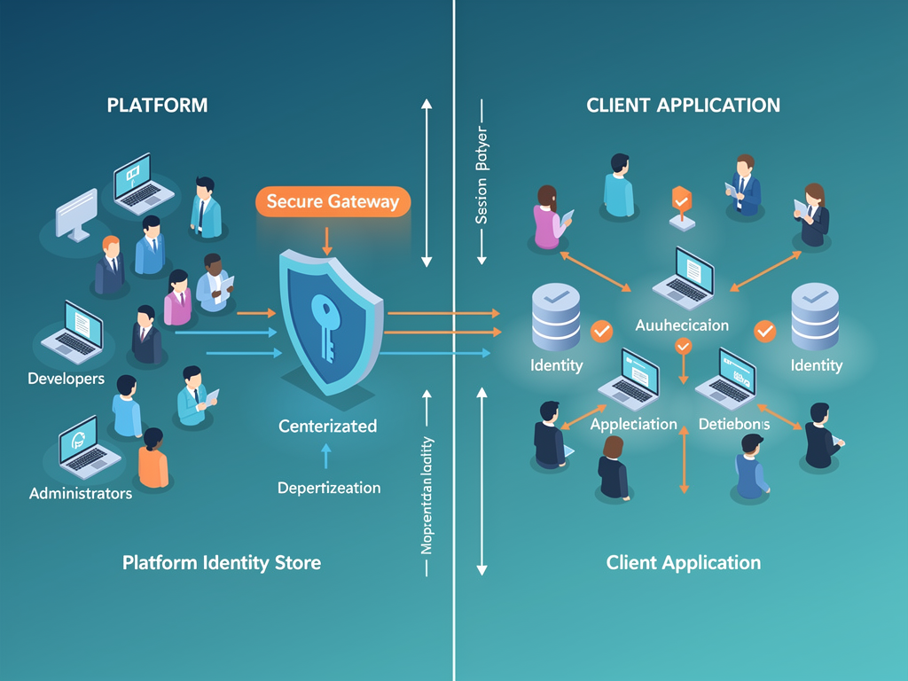 Diagram illustrating dual-layer authentication flow, showing platform users authenticating to the main platform on the left side, and application end users authenticating to client-built applications on the right side, with separate identity stores and session management for each layer