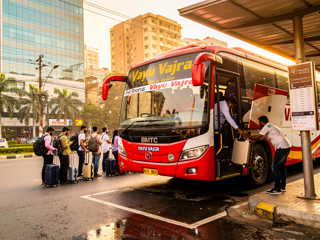 Passengers boarding a Vayu Vajra bus at a designated airport bus stop with clear signage, luggage being loaded into the lower compartment, urban Bangalore backdrop