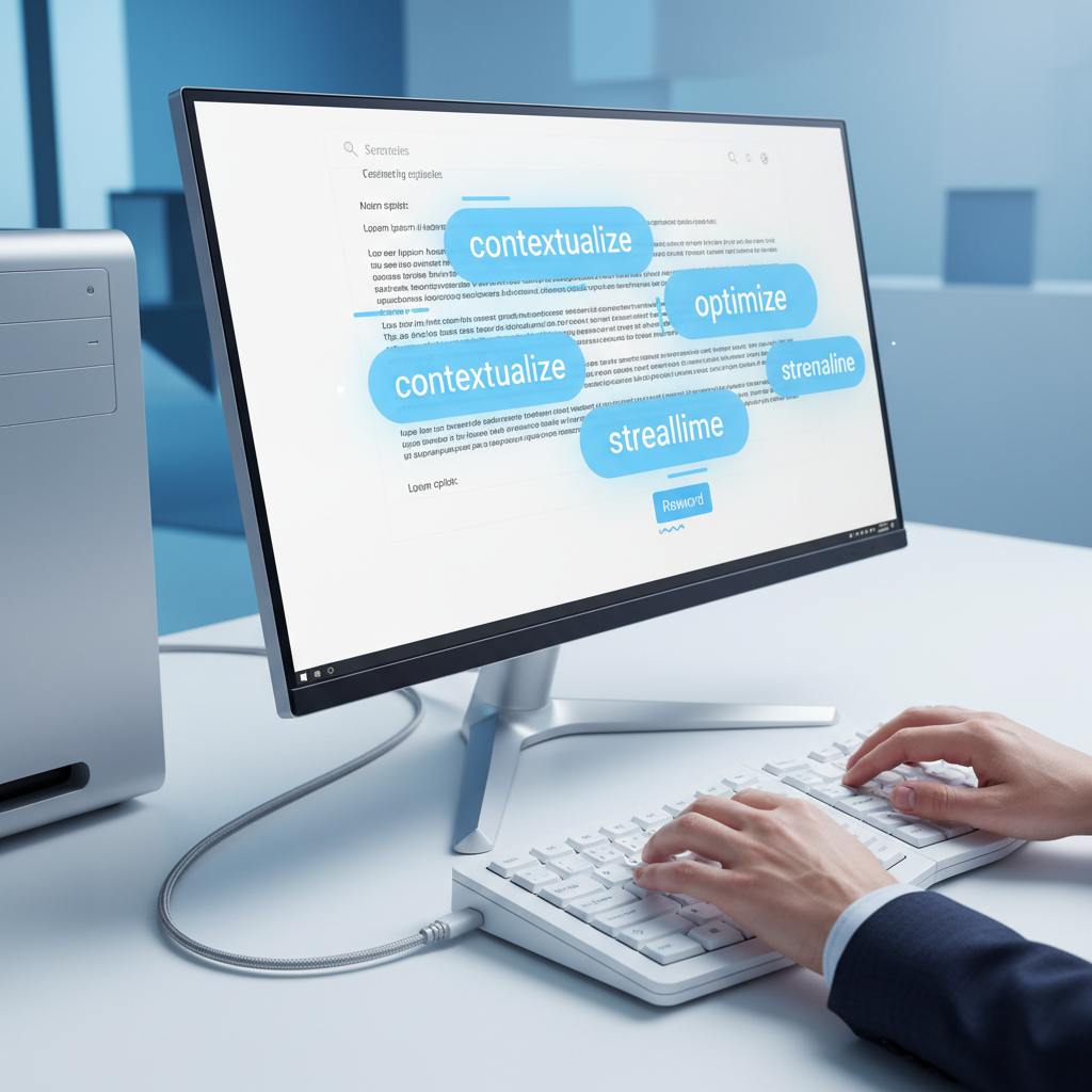 A person's hands typing rapidly on a modern ergonomic keyboard connected to a Windows PC, with a glowing blue interface overlay showing real-time word predictions and grammar suggestions appearing above the text cursor in a document.