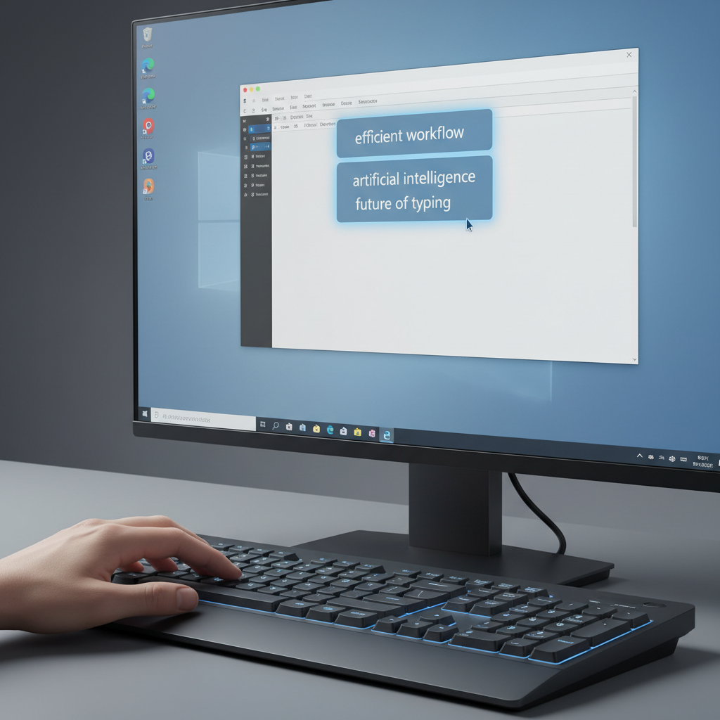 Close-up of a hand typing on a keyboard, with a glowing blue overlay showing predictive text suggestions appearing above the cursor on a Windows desktop.