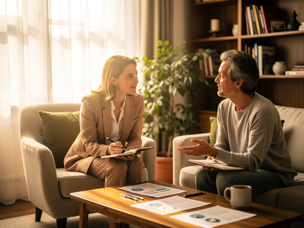 A therapist and client sitting together in a warm, comfortable therapy room, engaged in collaborative discussion with notebooks and treatment materials visible, natural daylight creating an atmosphere of safety and professional support