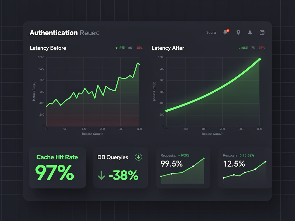 Performance monitoring dashboard showing authentication request latency metrics, with line graphs displaying response times before and after optimization, cache hit rates, and database query counts, styled in a modern analytics interface with green indicating improvements