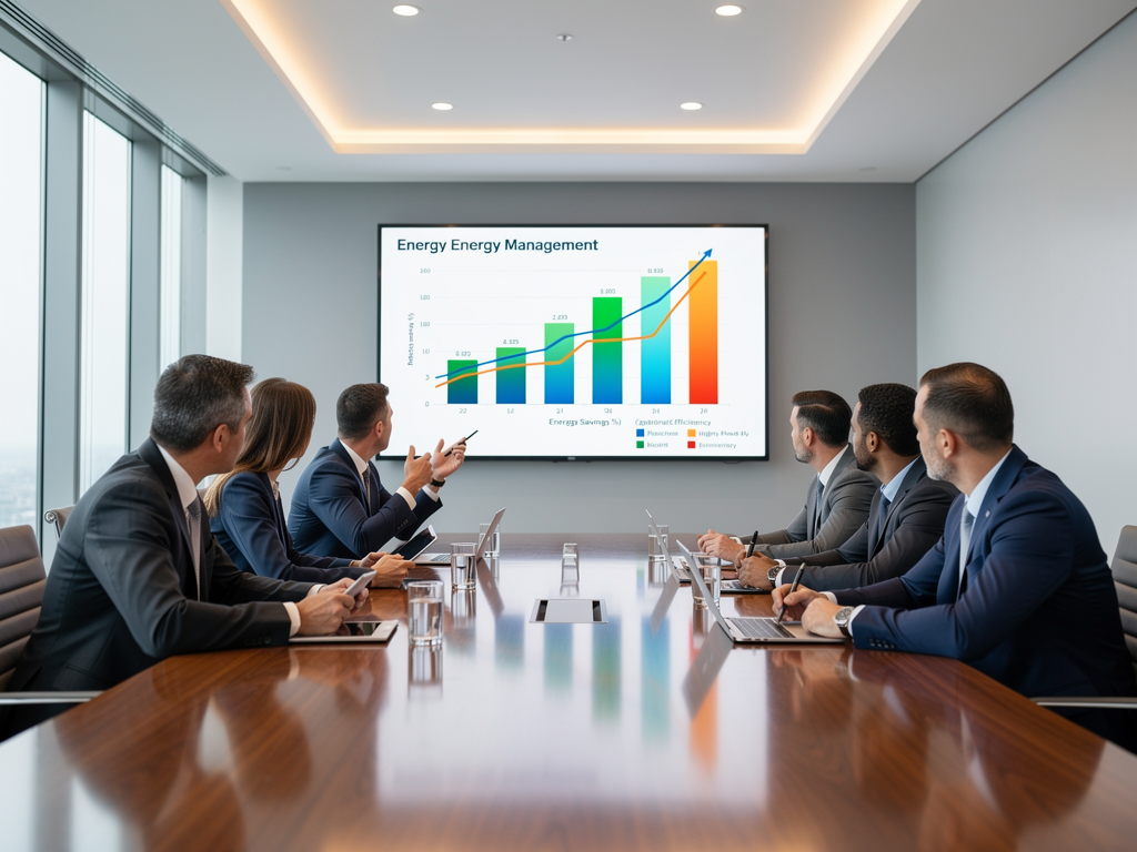 A business meeting with facilities managers and AV consultants reviewing ROI projections on a conference room display, showing graphs of energy savings and operational efficiency gains, captured in a bright modern meeting space