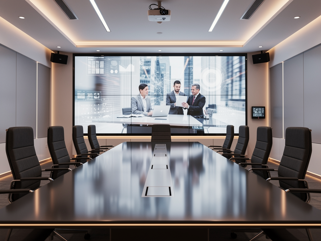Futuristic corporate boardroom with seamless video wall displaying high-resolution content, sleek modern furniture, integrated AVoIP technology invisible within architectural design, warm professional lighting creating sophisticated atmosphere