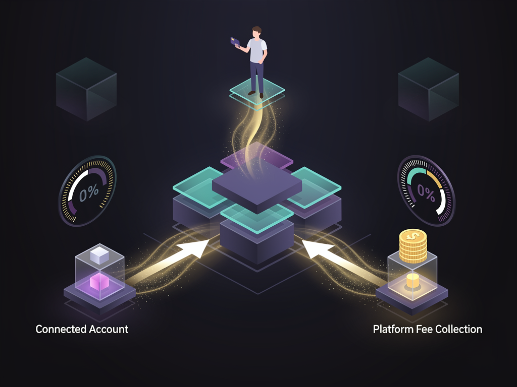 Three-tier payment flow diagram showing end customer payment flowing to platform Stripe account, then splitting between platform fee and connected account payout, with arrows indicating money movement and percentage splits at each stage