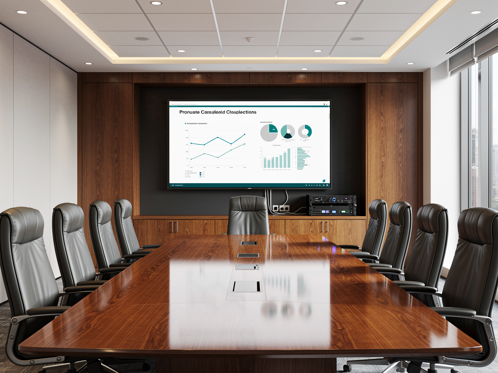 Modern corporate boardroom with large display screens mounted on wood-paneled walls, executive leather chairs around a polished conference table, soft overhead lighting creating a professional atmosphere, wide-angle composition showing the entire meeting space