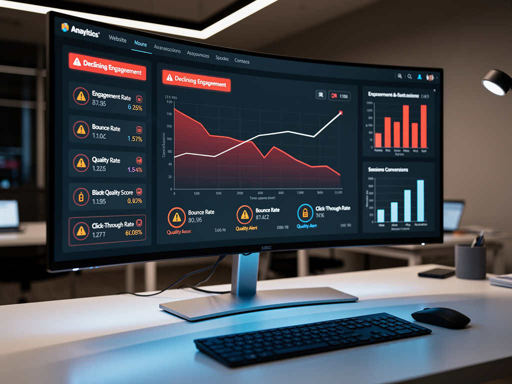 Warning indicator dashboard showing content quality metrics with red flags highlighting declining engagement scores, increased bounce rates, and negative feedback trends that signal potential quality issues requiring investigation