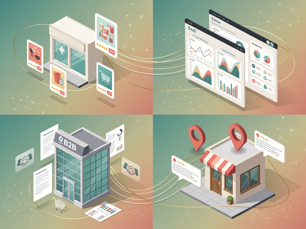 Collage showing different industry verticals including e-commerce, SaaS, B2B services, and local businesses, with icons representing their unique GEO optimization needs and challenges, arranged in a grid layout with industry-specific imagery