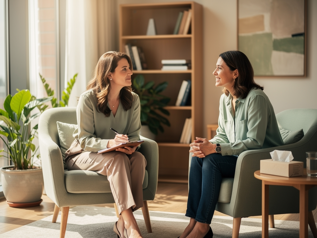 Two people having a warm, supportive conversation in a comfortable therapy office setting with plants, soft lighting, and calming neutral colours, conveying trust and professional support