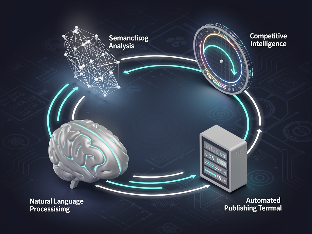 A detailed infographic showing the interconnected components of an AI content system, including natural language processing, semantic analysis, competitive intelligence, and automated publishing modules, connected by flowing data streams against a dark blue technological background