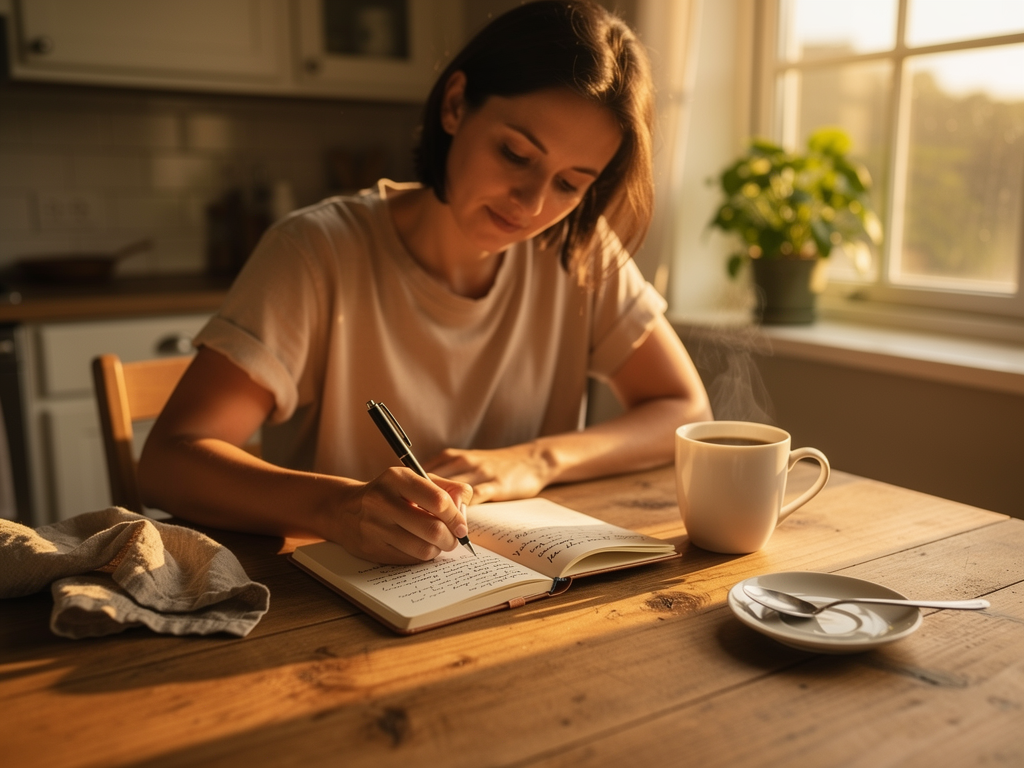 A person writing in a thought diary at a kitchen table, morning sunlight streaming in, cup of coffee nearby, pen in hand capturing thoughts on paper, conveying the practice of cognitive restructuring