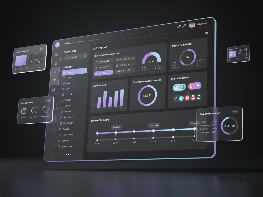 Enterprise billing dashboard showing complex subscription management features including usage-based billing meters, custom invoice generation interface, multi-currency support options, and contract management tools with professional dark theme UI design