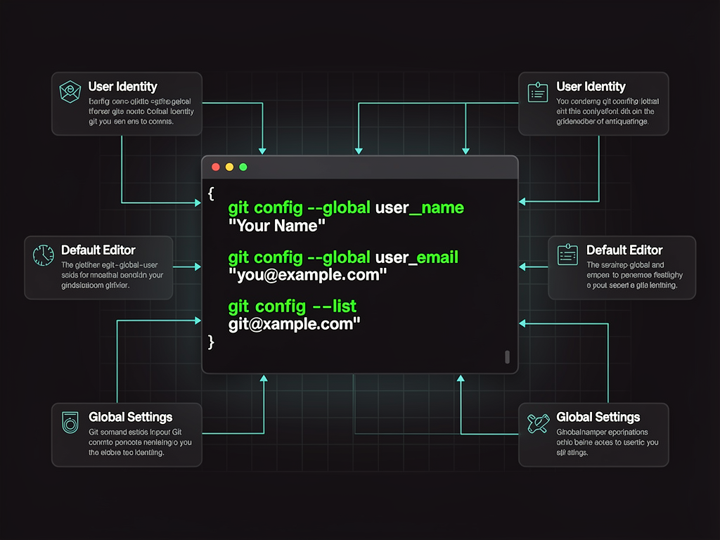A terminal screenshot styled infographic showing Git configuration commands and their effects, with syntax highlighting for the commands and annotations explaining each configuration option, using a dark terminal theme with green and white text on black background