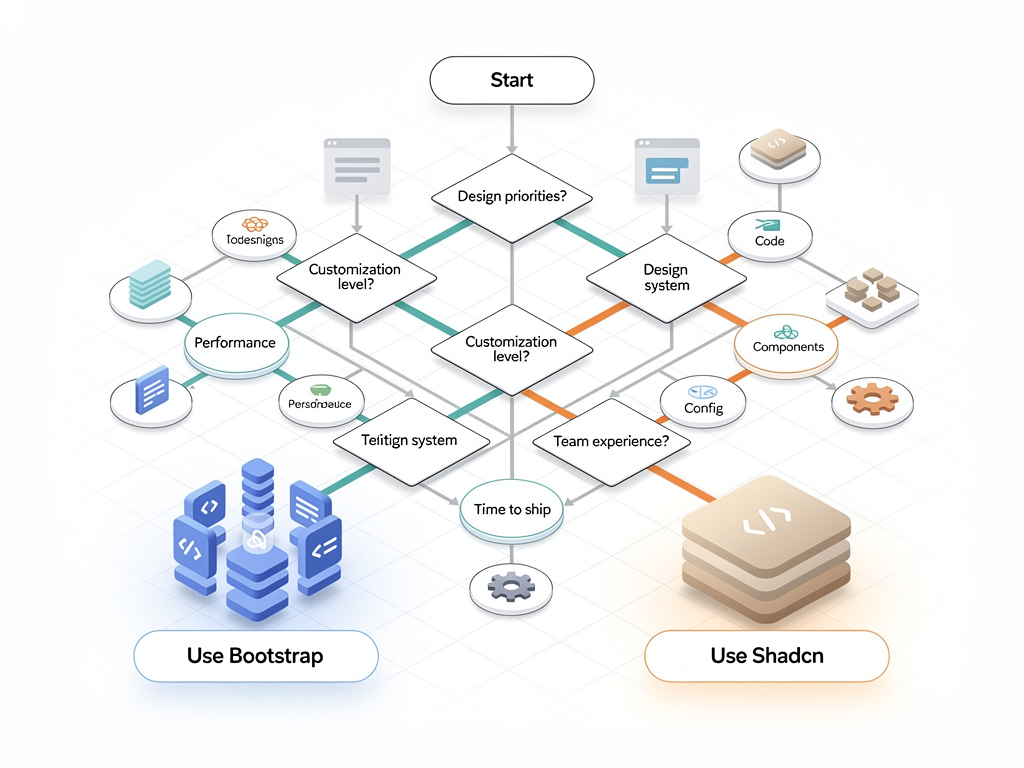 Decision flowchart helping readers choose between React Bootstrap and Shadcn UI based on team experience, customization needs, styling preferences, and project requirements, using clear decision tree visualization with yes/no branches leading to recommendations