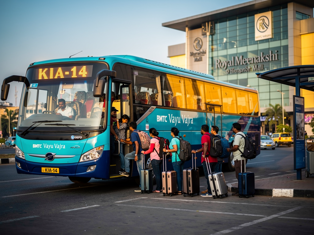 A modern BMTC Vayu Vajra Volvo bus with cyan-blue body and dark blue lower panels parked at Royal Meenakshi Mall bus stop, showing passengers boarding with luggage, morning sunlight illuminating the bus's large tinted windows and LED destination display showing KIA-14