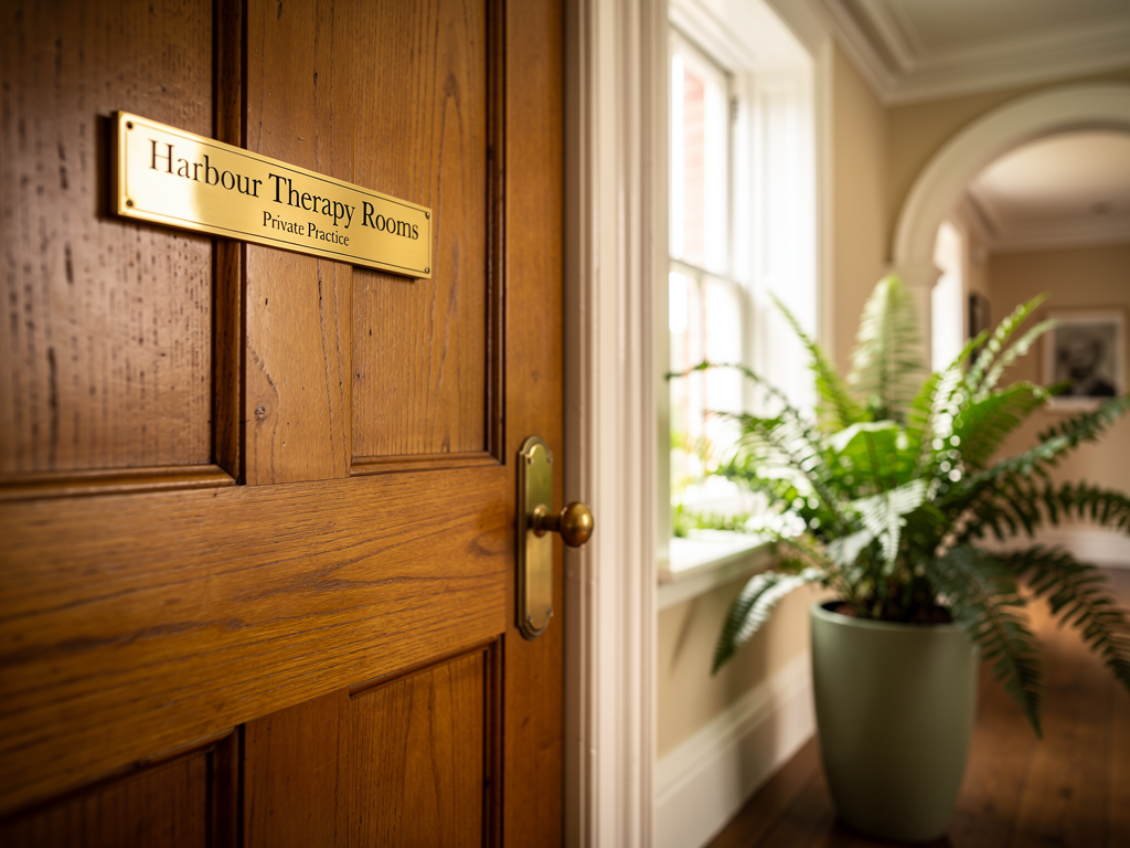 A professional therapist's office door with a brass nameplate, located in a converted Victorian townhouse typical of British therapy practices, warm hallway lighting, potted plant nearby, conveying professionalism and accessibility
