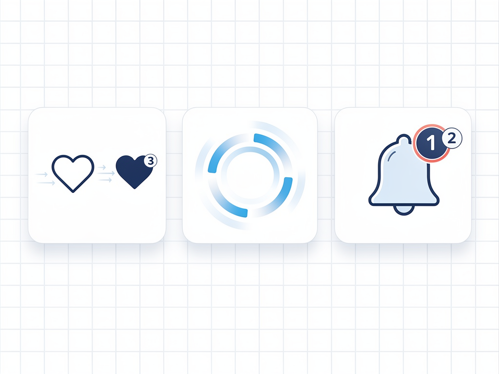 Interactive prototype demonstrating icon state transitions including a heart icon animating from outline to filled state, a loading spinner rotating smoothly, and a notification bell with an animated badge counter incrementing